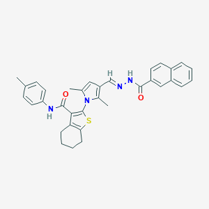 molecular formula C34H32N4O2S B302591 2-{2,5-dimethyl-3-[2-(2-naphthoyl)carbohydrazonoyl]-1H-pyrrol-1-yl}-N-(4-methylphenyl)-4,5,6,7-tetrahydro-1-benzothiophene-3-carboxamide 
