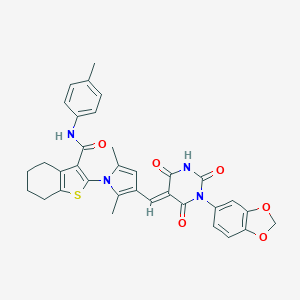 molecular formula C34H30N4O6S B302596 2-{3-[(1-(1,3-benzodioxol-5-yl)-2,4,6-trioxotetrahydro-5(2H)-pyrimidinylidene)methyl]-2,5-dimethyl-1H-pyrrol-1-yl}-N-(4-methylphenyl)-4,5,6,7-tetrahydro-1-benzothiophene-3-carboxamide 