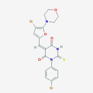 molecular formula C19H15Br2N3O4S B302598 5-{[4-bromo-5-(4-morpholinyl)-2-furyl]methylene}-1-(4-bromophenyl)-2-thioxodihydro-4,6(1H,5H)-pyrimidinedione 