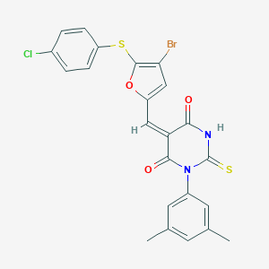 molecular formula C23H16BrClN2O3S2 B302600 5-({4-bromo-5-[(4-chlorophenyl)sulfanyl]-2-furyl}methylene)-1-(3,5-dimethylphenyl)-2-thioxodihydro-4,6(1H,5H)-pyrimidinedione 