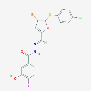 molecular formula C18H11BrClIN2O3S B302602 N'-[(E)-{4-bromo-5-[(4-chlorophenyl)sulfanyl]furan-2-yl}methylidene]-3-hydroxy-4-iodobenzohydrazide 