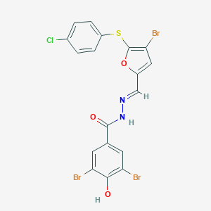 molecular formula C18H10Br3ClN2O3S B302603 3,5-dibromo-N'-({4-bromo-5-[(4-chlorophenyl)sulfanyl]-2-furyl}methylene)-4-hydroxybenzohydrazide 