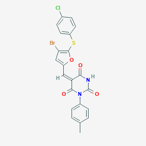 molecular formula C22H14BrClN2O4S B302604 5-({4-bromo-5-[(4-chlorophenyl)sulfanyl]-2-furyl}methylene)-1-(4-methylphenyl)-2,4,6(1H,3H,5H)-pyrimidinetrione 