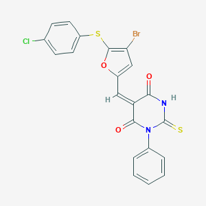 molecular formula C21H12BrClN2O3S2 B302608 5-({4-bromo-5-[(4-chlorophenyl)sulfanyl]-2-furyl}methylene)-1-phenyl-2-thioxodihydro-4,6(1H,5H)-pyrimidinedione 