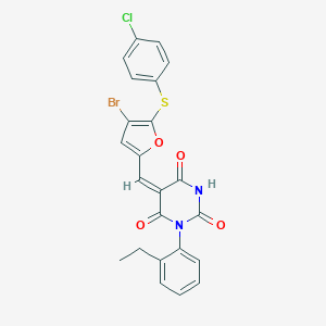 molecular formula C23H16BrClN2O4S B302609 5-({4-bromo-5-[(4-chlorophenyl)sulfanyl]-2-furyl}methylene)-1-(2-ethylphenyl)-2,4,6(1H,3H,5H)-pyrimidinetrione 