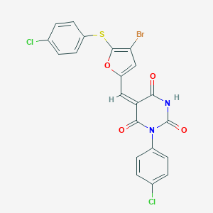molecular formula C21H11BrCl2N2O4S B302612 5-({4-bromo-5-[(4-chlorophenyl)sulfanyl]-2-furyl}methylene)-1-(4-chlorophenyl)-2,4,6(1H,3H,5H)-pyrimidinetrione 