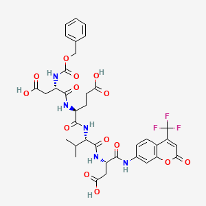 molecular formula C36H38F3N5O14 B3026364 (4S)-5-[[(2S)-1-[[(2S)-3-Carboxy-1-oxo-1-[[2-oxo-4-(trifluoromethyl)chromen-7-yl]amino]propan-2-yl]amino]-3-methyl-1-oxobutan-2-yl]amino]-4-[[(2S)-3-carboxy-2-(phenylmethoxycarbonylamino)propanoyl]amino]-5-oxopentanoic acid CAS No. 1135416-11-3