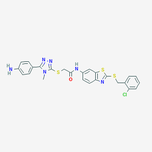 molecular formula C25H21ClN6OS3 B302646 2-{[5-(4-aminophenyl)-4-methyl-4H-1,2,4-triazol-3-yl]sulfanyl}-N-{2-[(2-chlorobenzyl)sulfanyl]-1,3-benzothiazol-6-yl}acetamide 