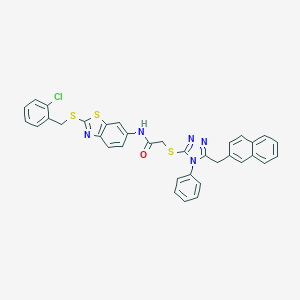 molecular formula C35H26ClN5OS3 B302647 N-{2-[(2-chlorobenzyl)thio]-1,3-benzothiazol-6-yl}-2-{[5-(2-naphthylmethyl)-4-phenyl-4H-1,2,4-triazol-3-yl]thio}acetamide 