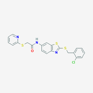 molecular formula C21H16ClN3OS3 B302648 N-{2-[(2-chlorobenzyl)sulfanyl]-1,3-benzothiazol-6-yl}-2-(2-pyridinylsulfanyl)acetamide 