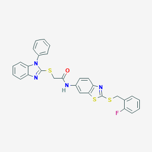 molecular formula C29H21FN4OS3 B302649 N-[2-[(2-fluorophenyl)methylsulfanyl]-1,3-benzothiazol-6-yl]-2-(1-phenylbenzimidazol-2-yl)sulfanylacetamide 