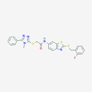 molecular formula C25H20FN5OS3 B302650 N-{2-[(2-fluorobenzyl)sulfanyl]-1,3-benzothiazol-6-yl}-2-[(4-methyl-5-phenyl-4H-1,2,4-triazol-3-yl)sulfanyl]acetamide 