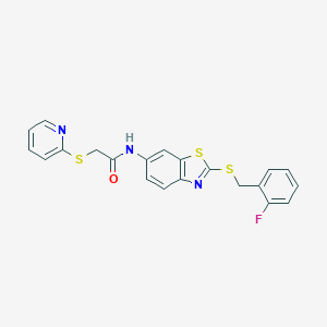 molecular formula C21H16FN3OS3 B302651 N-{2-[(2-fluorobenzyl)sulfanyl]-1,3-benzothiazol-6-yl}-2-(2-pyridinylsulfanyl)acetamide 