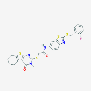 molecular formula C27H23FN4O2S4 B302652 N-{2-[(2-fluorobenzyl)sulfanyl]-1,3-benzothiazol-6-yl}-2-[(3-methyl-4-oxo-3,4,5,6,7,8-hexahydro[1]benzothieno[2,3-d]pyrimidin-2-yl)sulfanyl]acetamide 