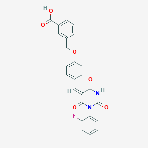 molecular formula C25H17FN2O6 B302655 3-({4-[(1-(2-fluorophenyl)-2,4,6-trioxotetrahydro-5(2H)-pyrimidinylidene)methyl]phenoxy}methyl)benzoic acid 