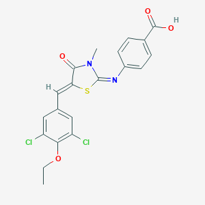 molecular formula C20H16Cl2N2O4S B302658 4-{[5-(3,5-Dichloro-4-ethoxybenzylidene)-3-methyl-4-oxo-1,3-thiazolidin-2-ylidene]amino}benzoic acid 