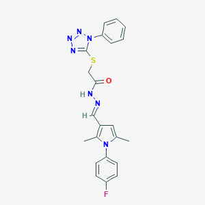 molecular formula C22H20FN7OS B302659 N'-{[1-(4-fluorophenyl)-2,5-dimethyl-1H-pyrrol-3-yl]methylene}-2-[(1-phenyl-1H-tetraazol-5-yl)sulfanyl]acetohydrazide 