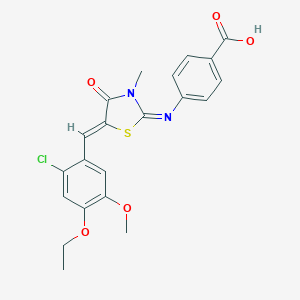 molecular formula C21H19ClN2O5S B302663 4-{[5-(2-Chloro-4-ethoxy-5-methoxybenzylidene)-3-methyl-4-oxo-1,3-thiazolidin-2-ylidene]amino}benzoic acid 