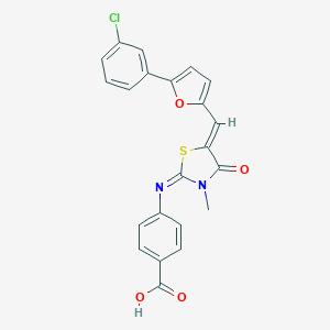 molecular formula C22H15ClN2O4S B302665 4-[(5-{[5-(3-Chlorophenyl)-2-furyl]methylene}-3-methyl-4-oxo-1,3-thiazolidin-2-ylidene)amino]benzoic acid 