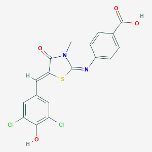 molecular formula C18H12Cl2N2O4S B302668 4-{[5-(3,5-Dichloro-4-hydroxybenzylidene)-3-methyl-4-oxo-1,3-thiazolidin-2-ylidene]amino}benzoic acid 