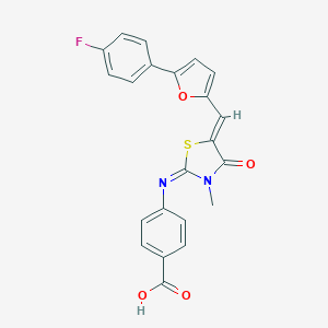 molecular formula C22H15FN2O4S B302669 4-[(5-{[5-(4-Fluorophenyl)-2-furyl]methylene}-3-methyl-4-oxo-1,3-thiazolidin-2-ylidene)amino]benzoic acid 