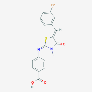 molecular formula C18H13BrN2O3S B302671 4-{[5-(3-Bromobenzylidene)-3-methyl-4-oxo-1,3-thiazolidin-2-ylidene]amino}benzoic acid 