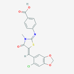 molecular formula C19H13ClN2O5S B302672 4-({5-[(6-Chloro-1,3-benzodioxol-5-yl)methylene]-3-methyl-4-oxo-1,3-thiazolidin-2-ylidene}amino)benzoic acid 