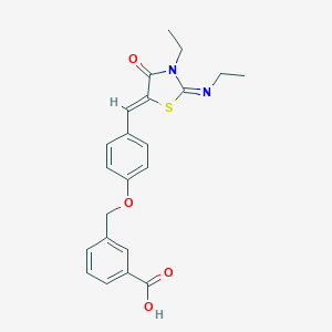 molecular formula C22H22N2O4S B302676 3-[(4-{(Z)-[(2E)-3-ethyl-2-(ethylimino)-4-oxo-1,3-thiazolidin-5-ylidene]methyl}phenoxy)methyl]benzoic acid 