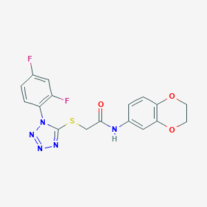 molecular formula C17H13F2N5O3S B302680 2-{[1-(2,4-difluorophenyl)-1H-tetrazol-5-yl]sulfanyl}-N-(2,3-dihydro-1,4-benzodioxin-6-yl)acetamide 