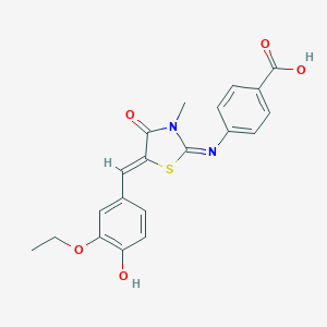 molecular formula C20H18N2O5S B302683 4-{[(2E,5Z)-5-(3-ethoxy-4-hydroxybenzylidene)-3-methyl-4-oxo-1,3-thiazolidin-2-ylidene]amino}benzoic acid 