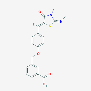 molecular formula C20H18N2O4S B302688 3-[(4-{[3-Methyl-2-(methylimino)-4-oxo-1,3-thiazolidin-5-ylidene]methyl}phenoxy)methyl]benzoic acid 