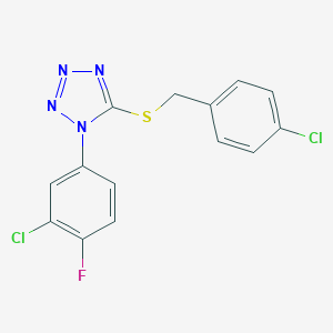 molecular formula C14H9Cl2FN4S B302694 Tetrazole, 5-(4-chlorobenzylthio)-1-(3-chloro-4-fluorophenyl)- 