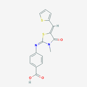 molecular formula C16H12N2O3S2 B302697 4-{[3-Methyl-4-oxo-5-(2-thienylmethylene)-1,3-thiazolidin-2-ylidene]amino}benzoic acid 