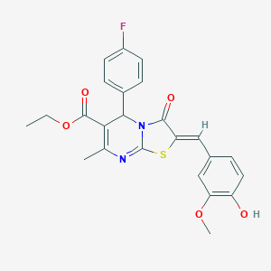 molecular formula C24H21FN2O5S B302714 ethyl (2Z)-5-(4-fluorophenyl)-2-(4-hydroxy-3-methoxybenzylidene)-7-methyl-3-oxo-2,3-dihydro-5H-[1,3]thiazolo[3,2-a]pyrimidine-6-carboxylate 