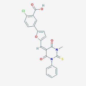 molecular formula C23H15ClN2O5S B302715 2-chloro-5-{5-[(1-methyl-4,6-dioxo-3-phenyl-2-thioxotetrahydro-5(2H)-pyrimidinylidene)methyl]-2-furyl}benzoic acid 