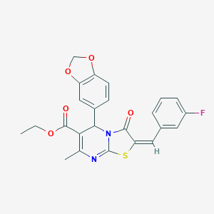 molecular formula C24H19FN2O5S B302716 ethyl 5-(1,3-benzodioxol-5-yl)-2-(3-fluorobenzylidene)-7-methyl-3-oxo-2,3-dihydro-5H-[1,3]thiazolo[3,2-a]pyrimidine-6-carboxylate 