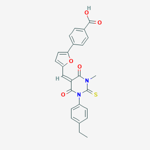 molecular formula C25H20N2O5S B302720 4-{5-[(1-(4-ethylphenyl)-3-methyl-4,6-dioxo-2-thioxotetrahydro-5(2H)-pyrimidinylidene)methyl]-2-furyl}benzoic acid 
