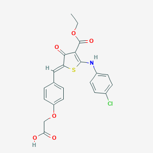 molecular formula C22H18ClNO6S B302721 2-[4-[(Z)-[5-(4-chloroanilino)-4-ethoxycarbonyl-3-oxothiophen-2-ylidene]methyl]phenoxy]acetic acid 