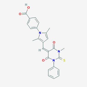 molecular formula C25H21N3O4S B302722 4-{2,5-dimethyl-3-[(1-methyl-4,6-dioxo-3-phenyl-2-thioxotetrahydro-5(2H)-pyrimidinylidene)methyl]-1H-pyrrol-1-yl}benzoic acid 