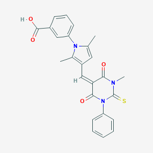 molecular formula C25H21N3O4S B302723 3-{2,5-dimethyl-3-[(1-methyl-4,6-dioxo-3-phenyl-2-thioxotetrahydro-5(2H)-pyrimidinylidene)methyl]-1H-pyrrol-1-yl}benzoic acid 