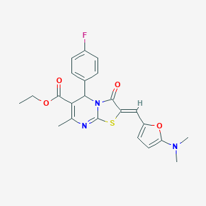 molecular formula C23H22FN3O4S B302725 ethyl 2-{[5-(dimethylamino)-2-furyl]methylene}-5-(4-fluorophenyl)-7-methyl-3-oxo-2,3-dihydro-5H-[1,3]thiazolo[3,2-a]pyrimidine-6-carboxylate 