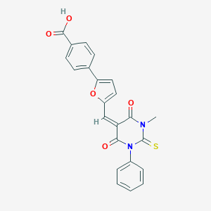 molecular formula C23H16N2O5S B302731 4-{5-[(1-methyl-4,6-dioxo-3-phenyl-2-thioxotetrahydro-5(2H)-pyrimidinylidene)methyl]-2-furyl}benzoic acid 