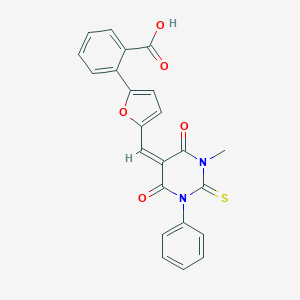 molecular formula C23H16N2O5S B302732 2-{5-[(1-methyl-4,6-dioxo-3-phenyl-2-thioxotetrahydro-5(2H)-pyrimidinylidene)methyl]-2-furyl}benzoic acid 