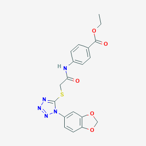 molecular formula C19H17N5O5S B302734 ethyl 4-[({[1-(1,3-benzodioxol-5-yl)-1H-tetraazol-5-yl]sulfanyl}acetyl)amino]benzoate 
