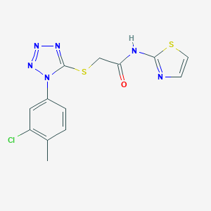 molecular formula C13H11ClN6OS2 B302745 2-[1-(3-Chloro-4-methyl-phenyl)-1H-tetrazol-5-ylsulfanyl]-N-thiazol-2-yl-acetamide 