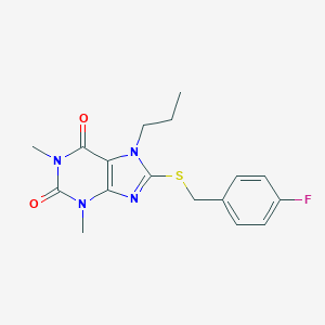 molecular formula C17H19FN4O2S B302746 8-(4-Fluoro-benzylsulfanyl)-1,3-dimethyl-7-propyl-3,7-dihydro-purine-2,6-dione 