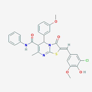 molecular formula C29H24ClN3O5S B302756 2-(3-chloro-4-hydroxy-5-methoxybenzylidene)-5-(3-methoxyphenyl)-7-methyl-3-oxo-N-phenyl-2,3-dihydro-5H-[1,3]thiazolo[3,2-a]pyrimidine-6-carboxamide 