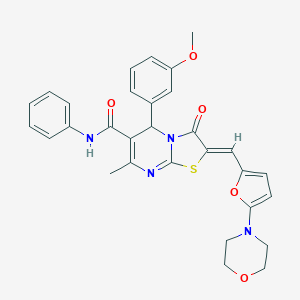 molecular formula C30H28N4O5S B302757 5-(3-methoxyphenyl)-7-methyl-2-{[5-(4-morpholinyl)-2-furyl]methylene}-3-oxo-N-phenyl-2,3-dihydro-5H-[1,3]thiazolo[3,2-a]pyrimidine-6-carboxamide 