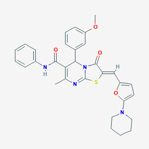 molecular formula C31H30N4O4S B302758 5-(3-methoxyphenyl)-7-methyl-3-oxo-N-phenyl-2-{[5-(1-piperidinyl)-2-furyl]methylene}-2,3-dihydro-5H-[1,3]thiazolo[3,2-a]pyrimidine-6-carboxamide 