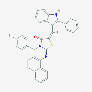 molecular formula C35H24FN3OS B302759 7-(4-fluorophenyl)-10-[(2-phenyl-1H-indol-3-yl)methylene]-5,7-dihydro-6H-benzo[h][1,3]thiazolo[2,3-b]quinazolin-9(10H)-one 